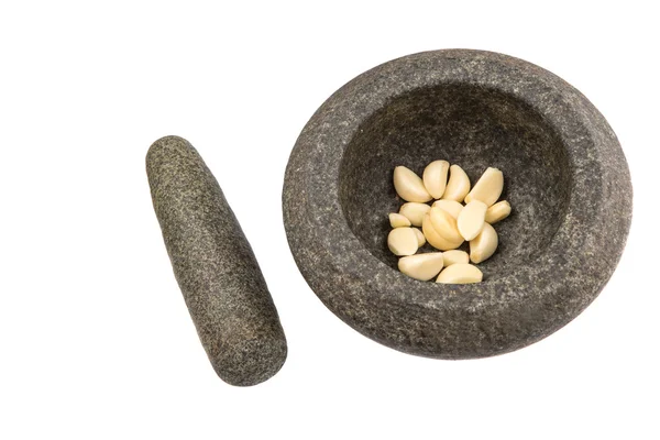 Kamenné moždíř s česnekem — Stock fotografie