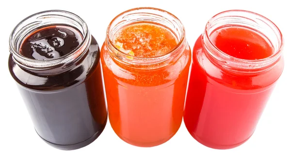 Blueberry, Strawberry And Orange Fruit Open Lid Bottled Jam — Stock Photo, Image