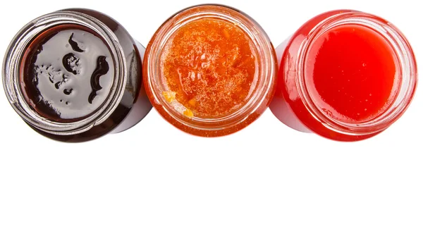 Blaubeere Erdbeere Und Orangenfrucht Mit Offenem Deckel Abgefüllte Marmelade Vor — Stockfoto