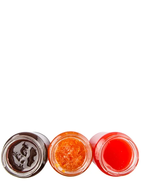 Blueberry Strawberry Orange Fruit Open Lid Bottled Jam White Background — Stock Photo, Image