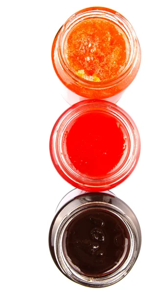 Mirtillo Fragola Frutta Arancione Aperto Coperchio Marmellata Bottiglia Sfondo Bianco — Foto Stock