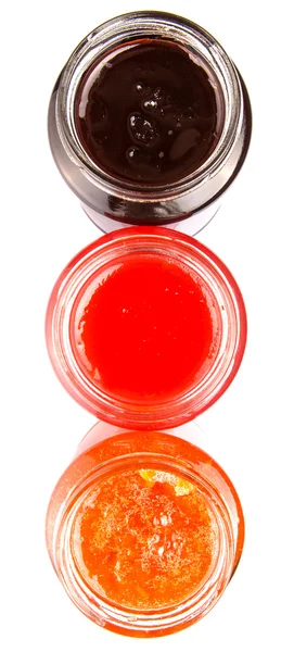 Blaubeere Erdbeere Und Orangenfrucht Mit Offenem Deckel Abgefüllte Marmelade Vor — Stockfoto