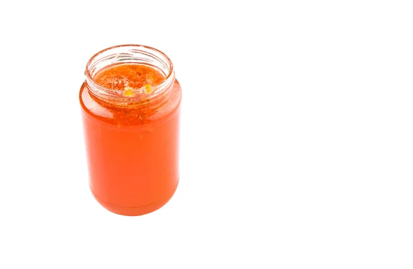 Confiture Fruits Orange Dans Une Bouteille Sur Fond Blanc — Photo