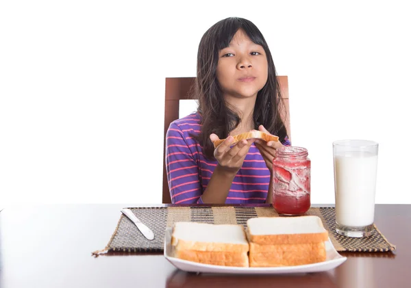 Young Malay Asian Preteen Girl Having Breakfast — Stock Photo, Image