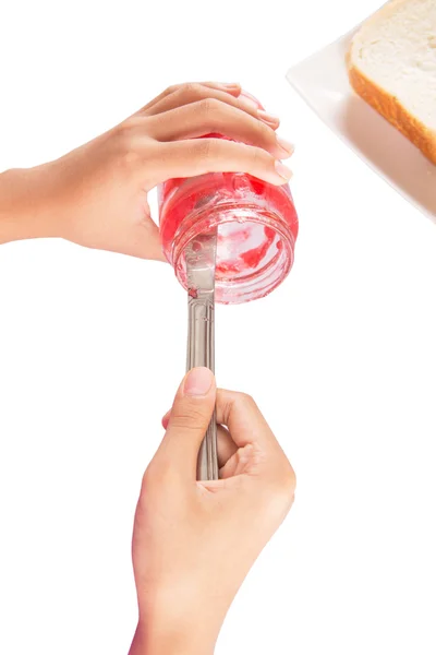 Spreading Jam On Piece Of Bread — Stock Photo, Image