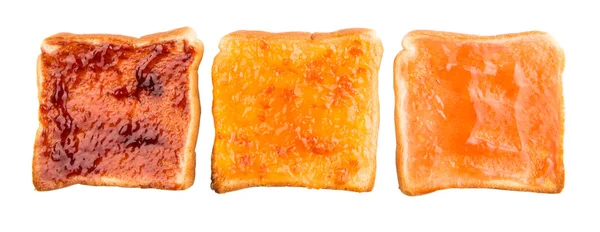 Mischung Aus Früchten Blaubeeren Orangenmarmelade Auf Brottoast Vor Weißem Hintergrund — Stockfoto