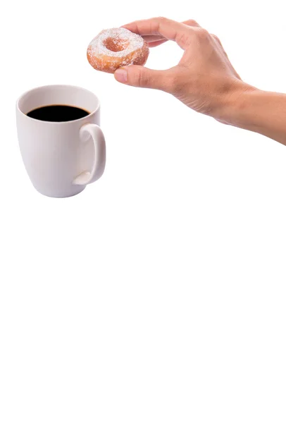 Female Hand Holding Doughnuts Mug Coffee White Background — Stock Photo, Image