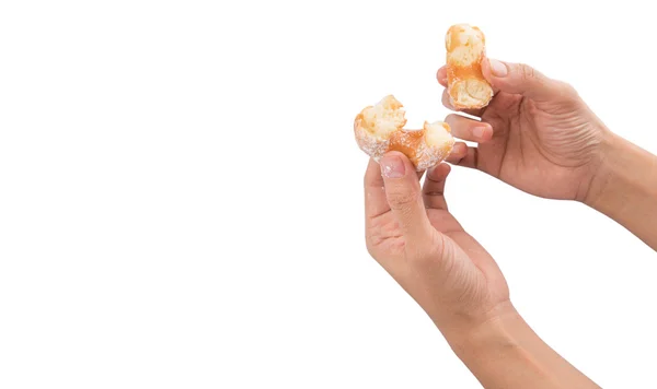 Vrouwelijke Hand Met Donuts Witte Achtergrond — Stockfoto