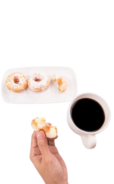 Femme Main Tenant Beignets Avec Une Tasse Café Sur Fond — Photo