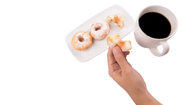 Femme Main Tenant Beignets Avec Une Tasse Café Sur Fond — Photo