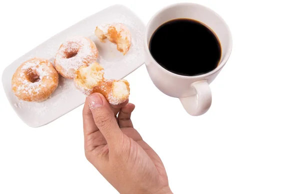 Femme Main Tenant Beignets Avec Une Tasse Café Sur Fond — Photo