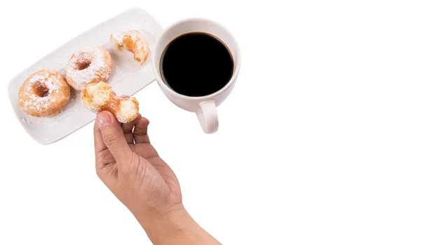 Женщина Держит Руках Пончики Кружкой Кофе Белом Фоне — стоковое фото