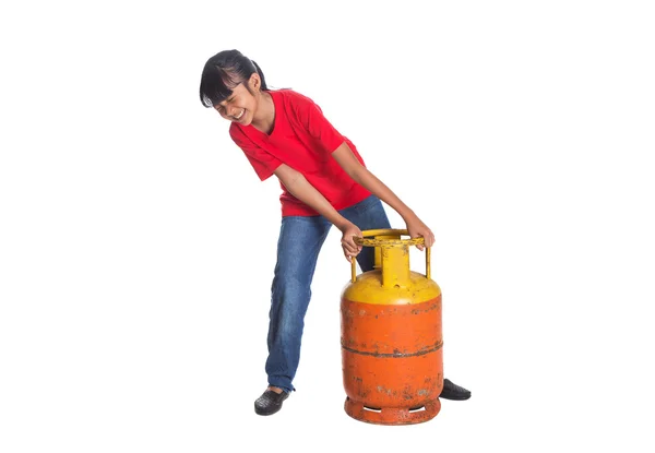 Young Girl Moving Cooking Gas Cylinder — Stock Photo, Image