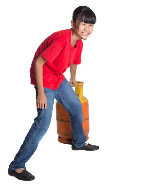 Young Girl Moving Cooking Gas Cylinder — Stock Photo, Image