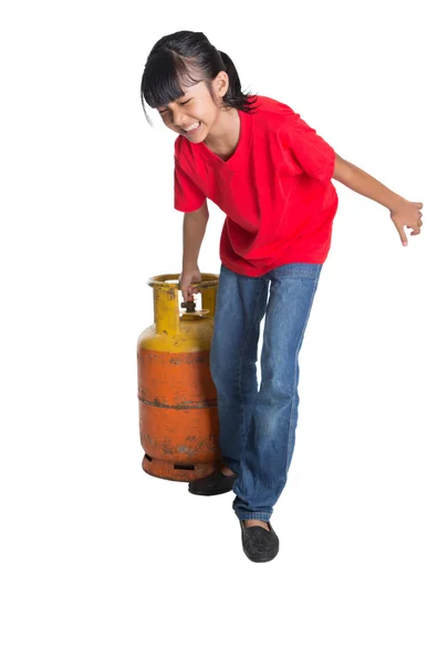 Young Asian Girl Moving Old Cooking Gas Propane Cylinder White — Stock Photo, Image