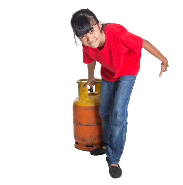 Young Asian Girl Moving Old Cooking Gas Propane Cylinder White — Stock Photo, Image
