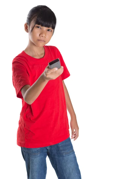 Young Asian Girl With Television Remote Control — Stock Photo, Image