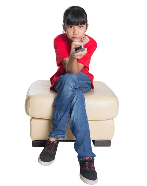 Young Asian Girl With Television Remote Control — Stock Photo, Image