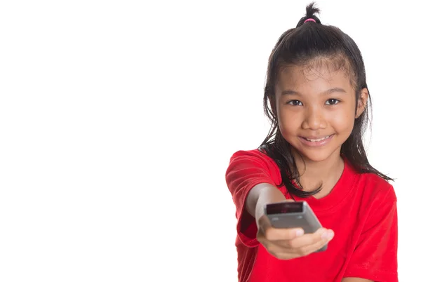 Menina com TV remoto — Fotografia de Stock