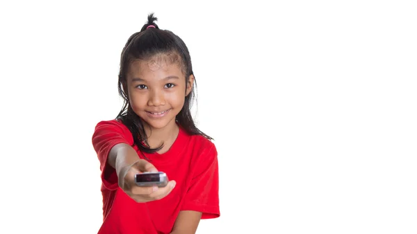 Girl With TV Remote — Stock Photo, Image
