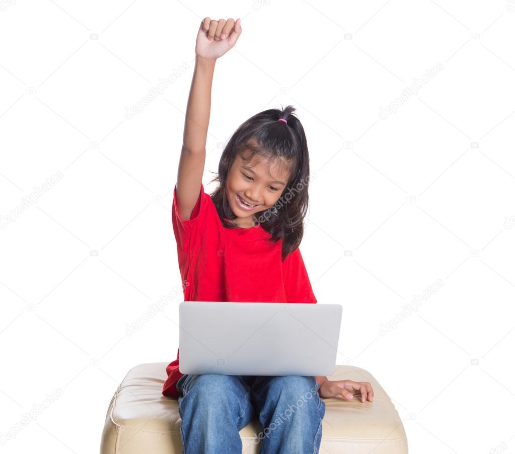 Young Asian Girl With Laptop Raising Hands