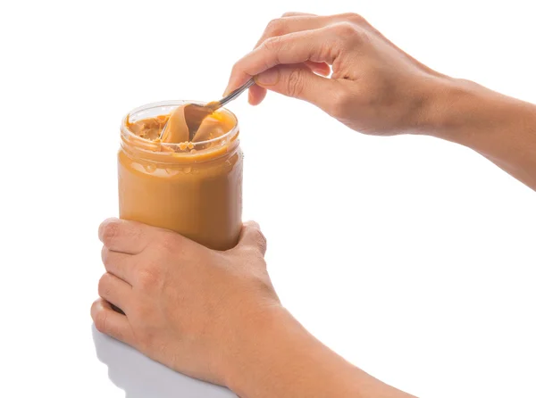 Female Hand With Peanut Butter — Stock Photo, Image