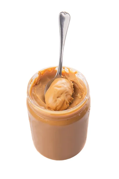 Manteiga de amendoim com colher pequena — Fotografia de Stock