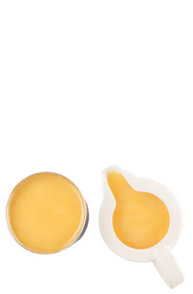 Condensed Milk Tin Can Milk Pitcher White Background — Stock Photo, Image