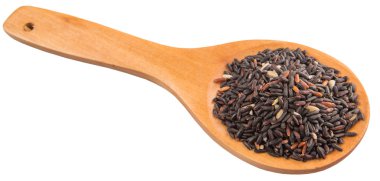 Bir tahta kaşık beyaz arka plan üzerinde siyah yapışkan pirinç