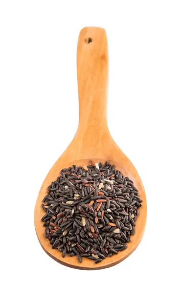 Black Glutinous Rice Wooden Spoon White Background — Stock Photo, Image