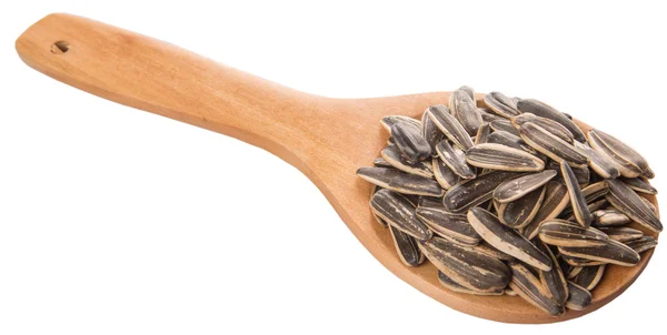 Sunflower Seeds Wooden Spoons White Background — Stock Photo, Image