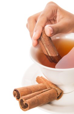 El ile bir fincan çay ve kabuk tarçın