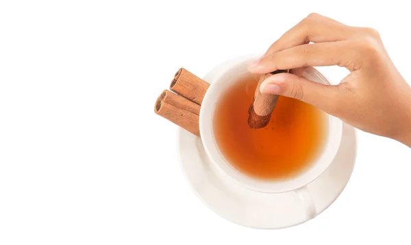 Mano femenina con una taza de té y palillo de canela — Foto de Stock