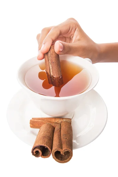 Mano femenina con una taza de té y palillo de canela — Foto de Stock