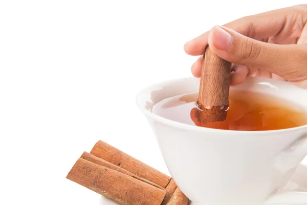 Mano femenina con una taza de té y palillo de canela — Foto de Stock