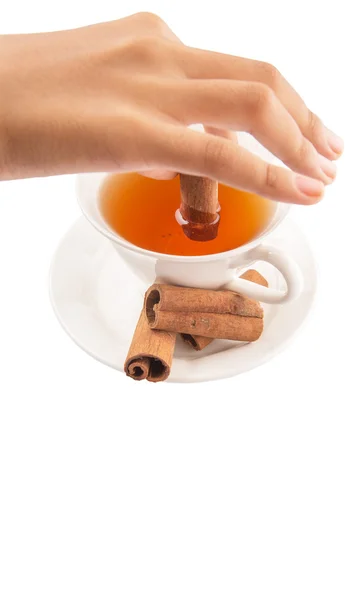 Mão feminina com uma xícara de chá e canela Stick — Fotografia de Stock