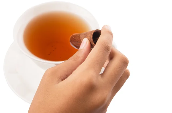 Mano femenina con una taza de té y palillo de canela — Foto de Stock