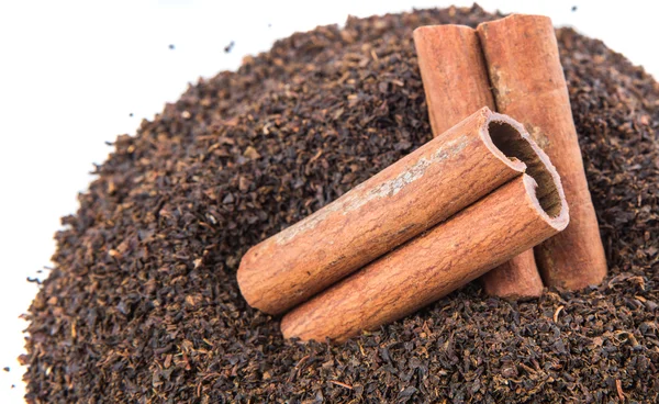 Palo de canela en hojas de té secas — Foto de Stock