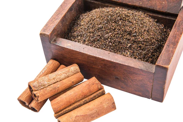 Dried Processed Tea Leaves Wooden Box Cinnamon Stick — Stock Photo, Image