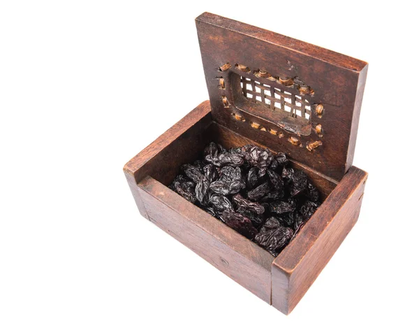 Black Raisin Wooden Box White Background — Stock Photo, Image