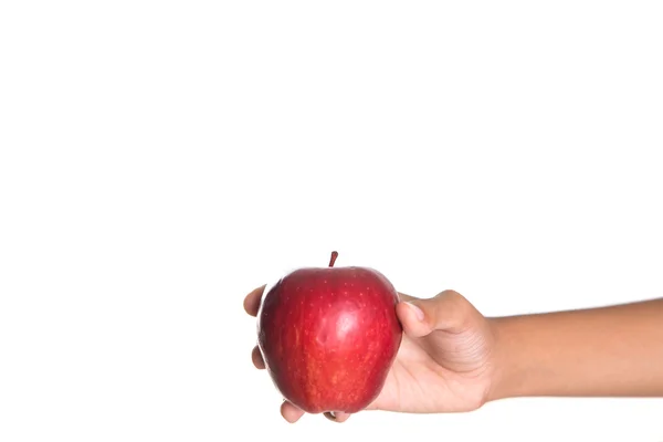 Manos Niña Sosteniendo Una Manzana Roja Sobre Fondo Blanco —  Fotos de Stock