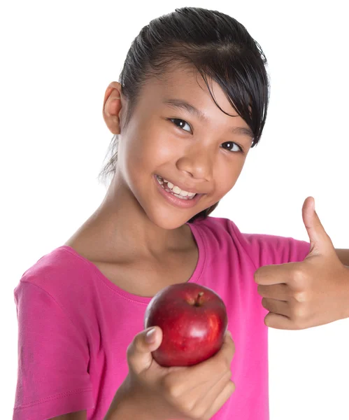 Young Girl With Apple And Thumbs Up Sign — Stock Photo, Image