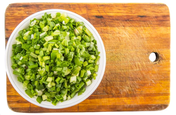 Chopped Scallion Spring Onion Leaves White Bowl Wooden Cutting Board — Stock Photo, Image