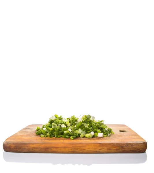 Spring Onion Scallions Wooden Cutting Board White Background — Stock Photo, Image