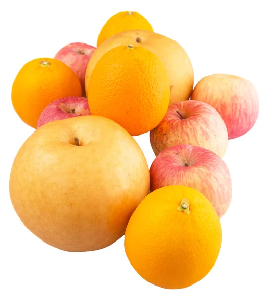 Slavnostní jablka, asijské hrušky Nashi a pomeranče — Stock fotografie