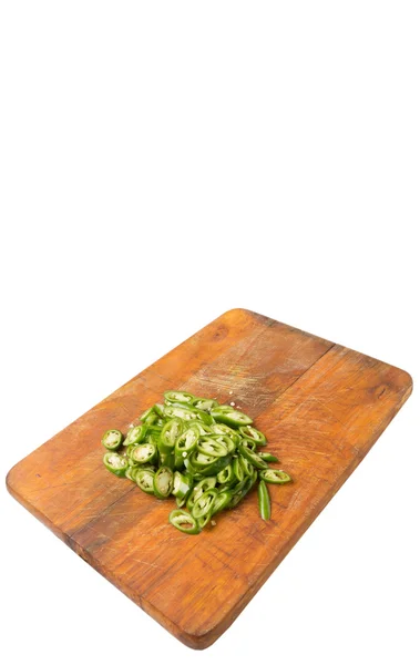 Chopped Green Chili Peppers Wooden Cutting Board White Background — Stock Photo, Image