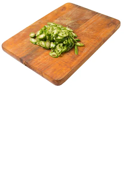 Chopped Green Chili Peppers Wooden Cutting Board White Background — Stock Photo, Image