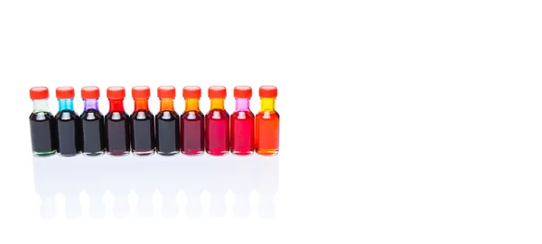 Different Color Variety Liquid Food Color Additives White Background — Stock Photo, Image