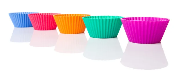 Varios Colores Tazas Silicona Para Hornear Magdalenas Aisladas Sobre Fondo — Foto de Stock