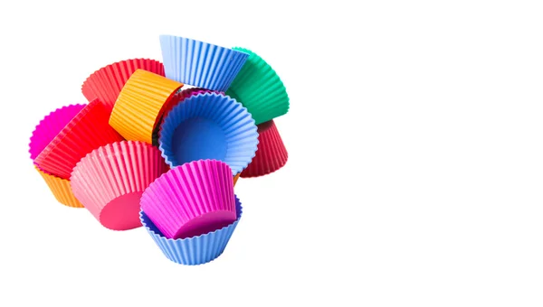 Olika Färger Silikon Muffin Bakning Koppar Isolerad Vit Bakgrund — Stockfoto
